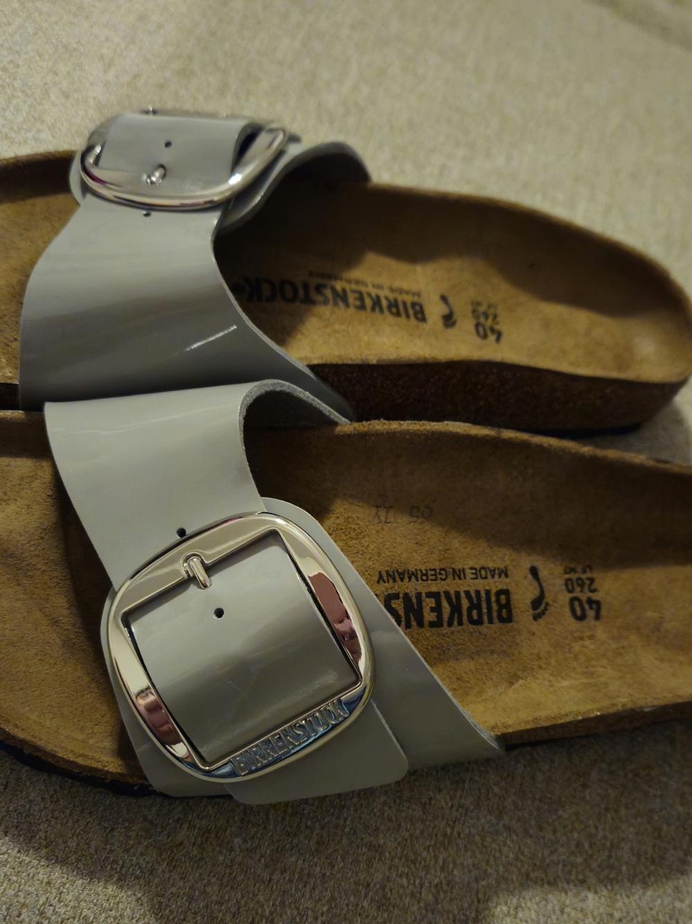 Birkenstock Women's Madrid Big Buckle Sandal - Light Gray Patent Size 9